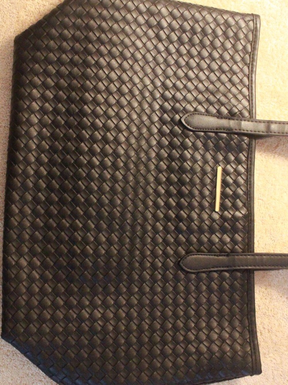 Black Basketweave Tote with Gold-Tone Bar Accent JJ